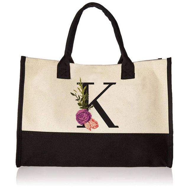 Picture of Custom Canvas Tote Bag with Flower - Personalized  Name Tote Bag - Best Bridesmaid Gift