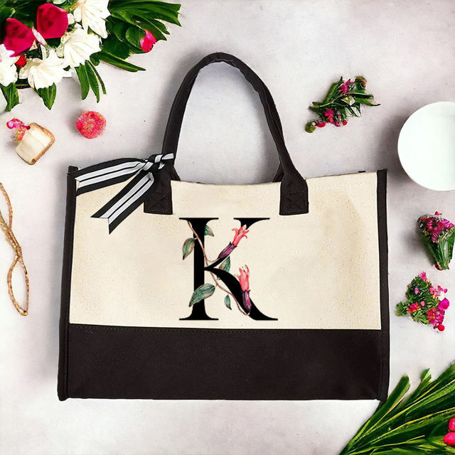 Picture of Custom Canvas Tote Bag with Flower - Personalized  Name Tote Bag - Best Bridesmaid Gift