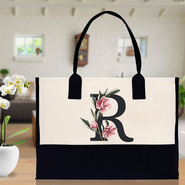 Picture of Custom Canvas Tote Bag with Flower - Personalized  Name Tote Bag - Best Bridesmaid Gift