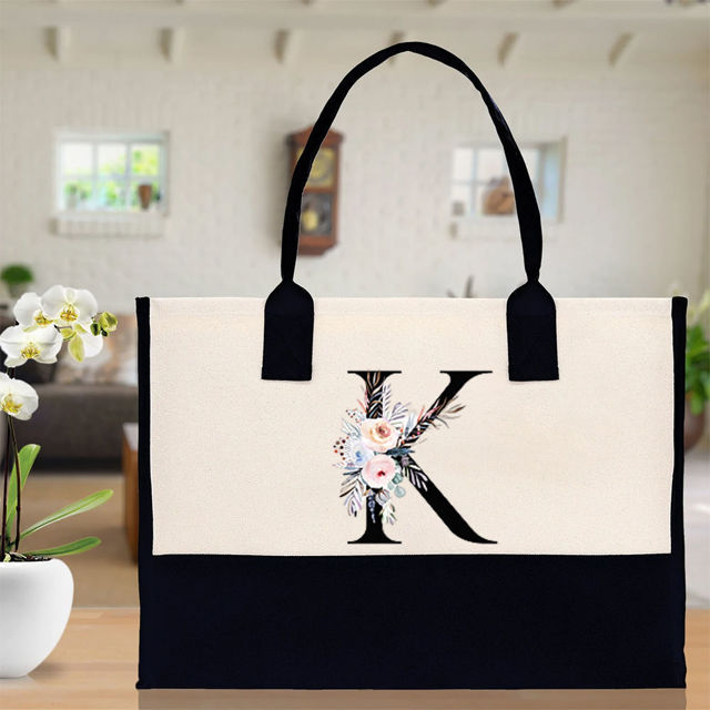 Picture of Custom Canvas Tote Bag with Flower - Personalized  Name Tote Bag - Best Bridesmaid Gift