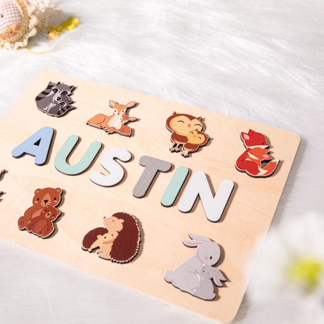 Picture of Personalized Wooden Puzzle Name Board - Custom Toy Gift for Baby and Kids - 8 Animal Style - 1st Birthday Gift for Cute Baby Girl