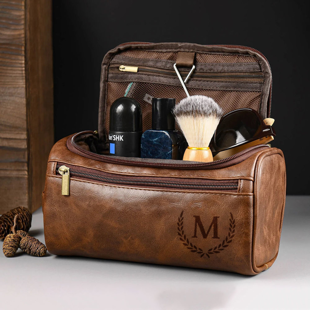 Picture of Custom Leather Toiletry Bag for Men - Personalized Groomsmen Gifts - Men's Leather Toiletry Bags - Travel Bag