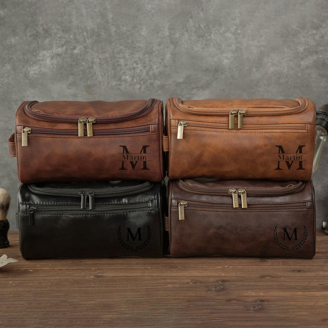 Picture of Custom Leather Toiletry Bag for Men - Personalized Groomsmen Gifts - Men's Leather Toiletry Bags - Travel Bag