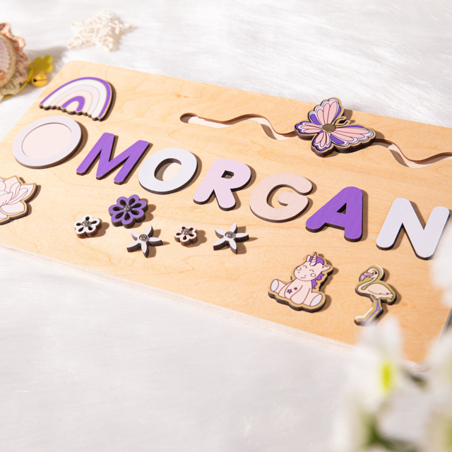 Picture of Personalized Wooden Puzzle Name Board - Custom Toy Gift for Baby - Custom Name Puzzle for Toddlers - Purple Color Style - 1st Birthday Gift for Baby Girl