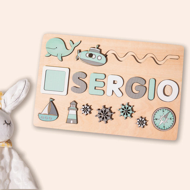 Picture of Personalized Wooden Puzzle Name Board - Custom Gift for Baby and Kids - Custom Name Puzzle - Ocean and Compass Style - 1st Birthday Gift for Lovely Baby