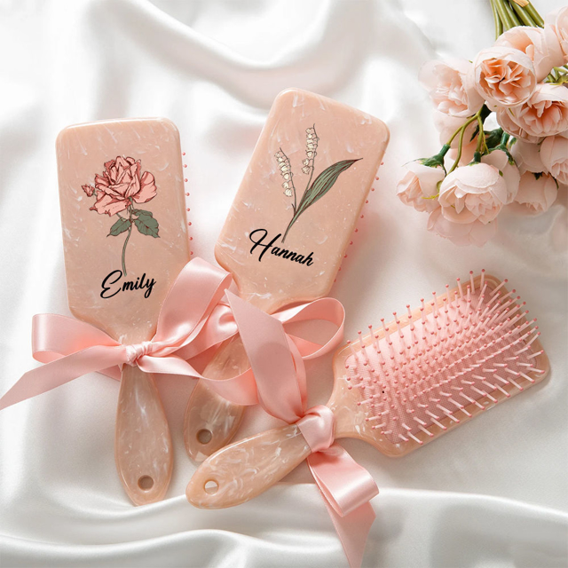 Picture of Personalized Birth Flower Airbag Hair Brush - Custom Bridesmaid Hair Brushes - Wedding Bridesmaid Gifts