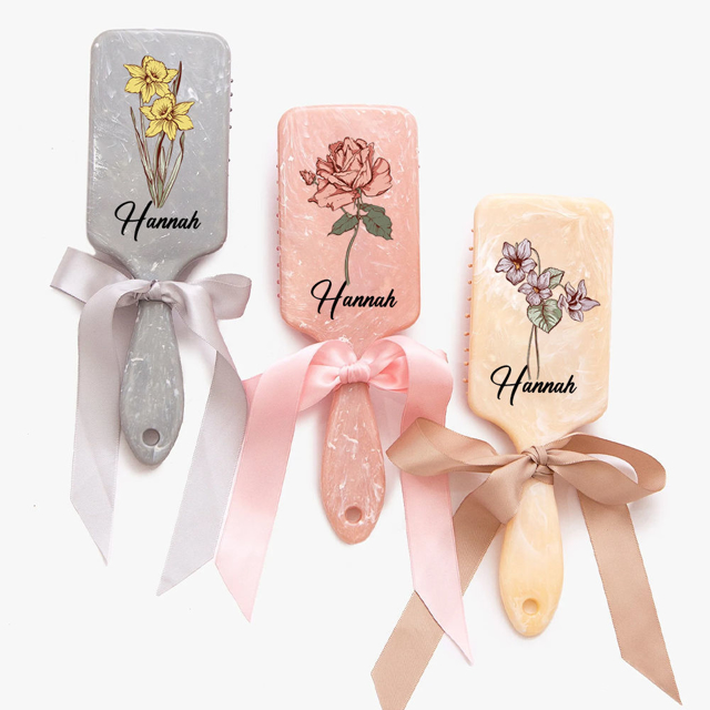 Picture of Personalized Birth Flower Airbag Hair Brush - Custom Bridesmaid Hair Brushes - Wedding Bridesmaid Gifts