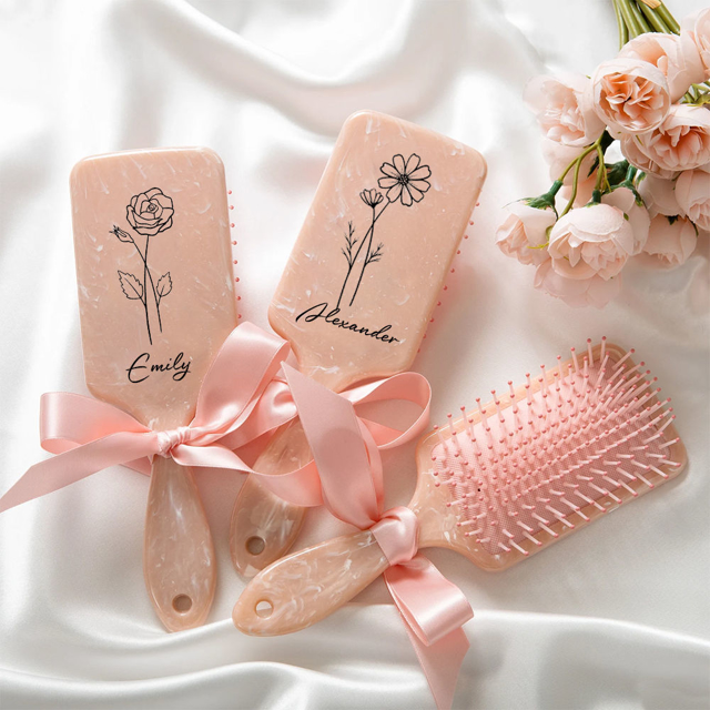 Picture of Personalized Birth Flower Airbag Hair Brush - Custom Bridesmaid Hair Brushes - Wedding Bridesmaid Gifts