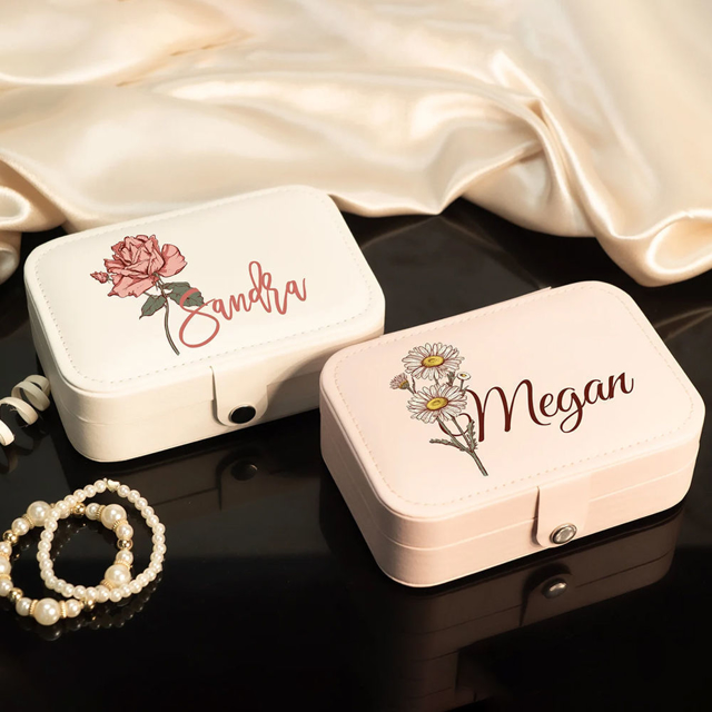 Picture of Custom Birth Flower Travel Jewelry Case - Personalized Travel box for Rings Earrings and Necklaces - Bridesmaid gift