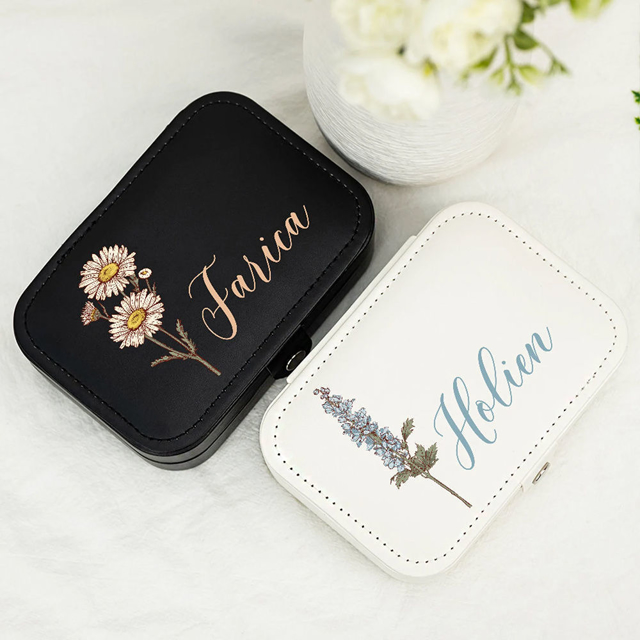 Picture of Custom Birth Flower Travel Jewelry Case - Personalized Travel box for Rings Earrings and Necklaces - Bridesmaid gift