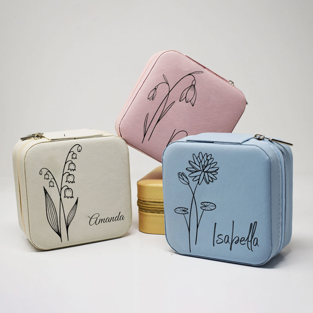 Picture of Custom Birth Flower Travel Jewelry Box - Personalized Small Travel Case - Best Bridesmaid Gift