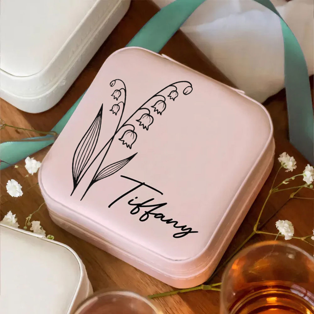 Picture of Custom Birth Flower Travel Jewelry Box - Personalized Small Travel Case - Best Bridesmaid Gift