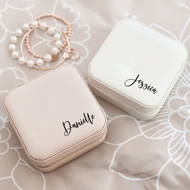 Picture of Custom Square Travel Jewelry Box - Personalized Small Travel Jewelry Case - Bridesmaid Gift