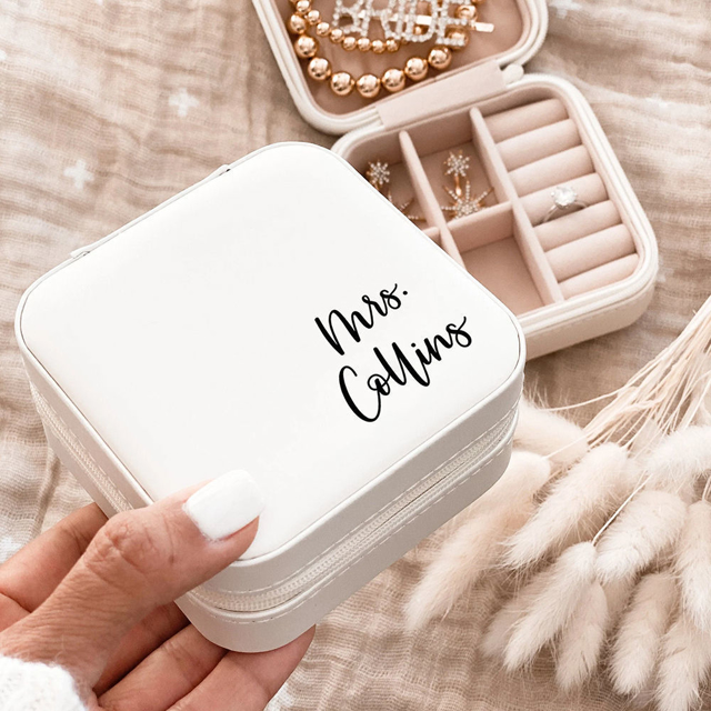 Picture of Custom Square Travel Jewelry Box - Personalized Small Travel Jewelry Case - Bridesmaid Gift