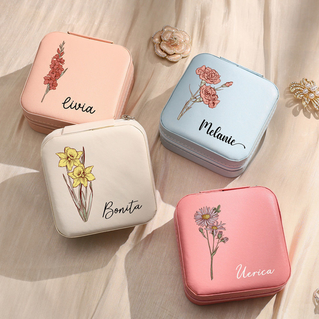 Picture of Personalized Colored Birth Flower Jewelry box - Custom Jewelry Travel Case - Bridesmaid Gift