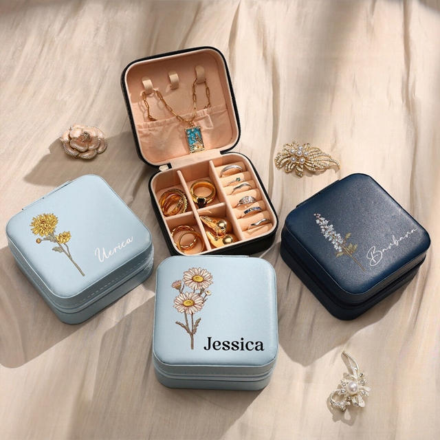 Picture of Personalized Colored Birth Flower Jewelry box - Custom Jewelry Travel Case - Bridesmaid Gift