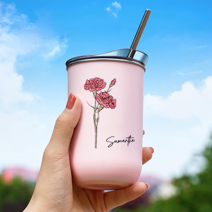 Picture of Personalized Birth Flower Straw Cup - Custom Stainless Steel Travel Cup with Name - Best Bridesmaid Gift