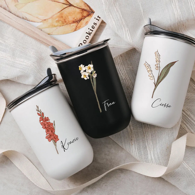 Picture of Personalized Birth Flower Straw Cup - Custom Stainless Steel Travel Cup with Name - Best Bridesmaid Gift