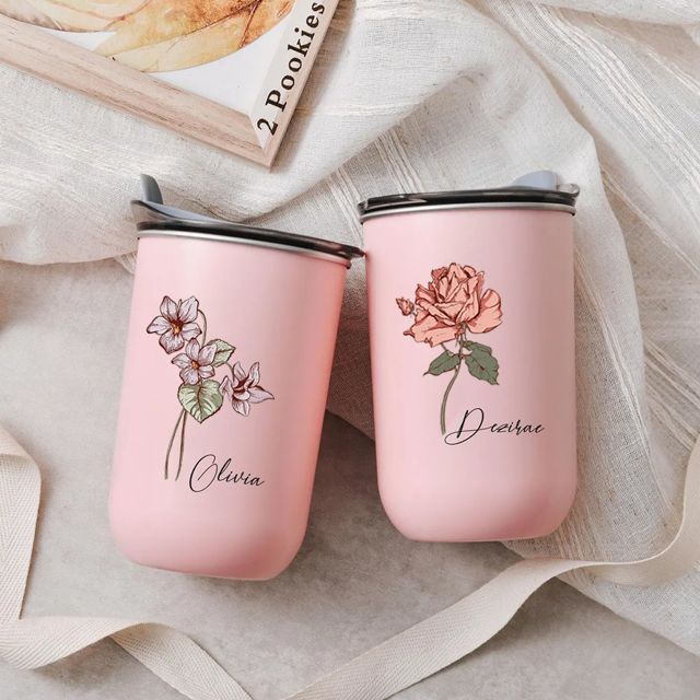 Picture of Personalized Birth Flower Straw Cup - Custom Stainless Steel Travel Cup with Name - Best Bridesmaid Gift