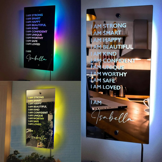 Picture of Personalized Name LED Neon Sign Mirror - Customized Illuminated Name Mirror Sign - Personalized Affirmation Mirror - Wall Art Light Up Mirror - Best Birthday, Anniversary & Christmas Gift