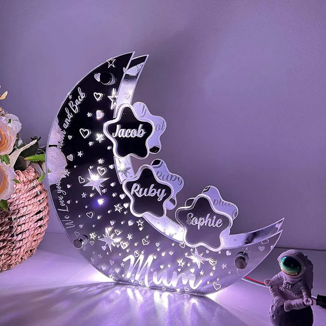 Picture of Personalized  Moon Star Night Light - Custom Kids Names Night Light - Custom Family Members Name Night Light for Mum - Best Mother's Day and Christmas Gift