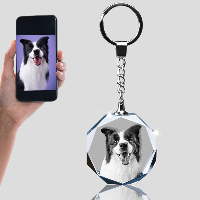 Picture of Personalized 2D or 3D Crystal Photo Keychain Gift in Octagon Shape | Custom Photo Keychain | Best Pet Lover Gift