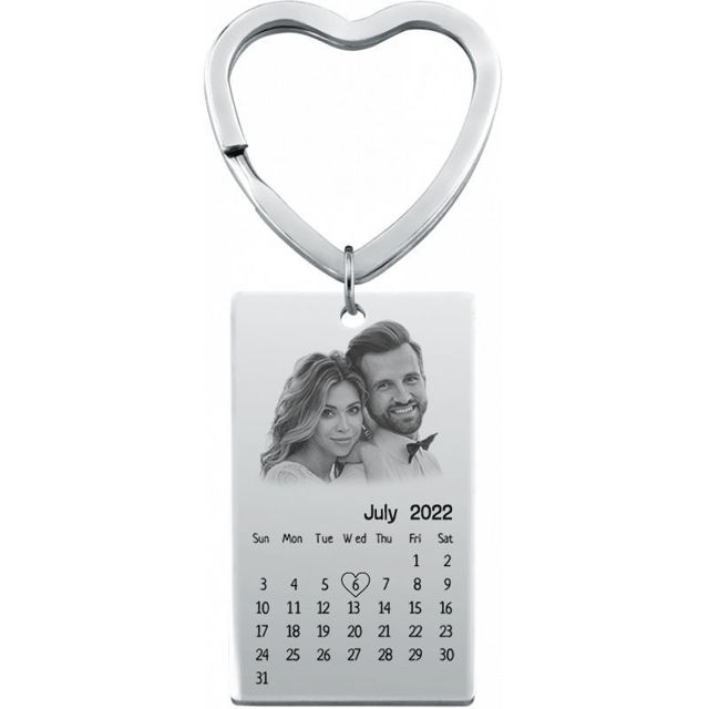 Picture of Custom Photo Keychain - Personalized stainless steel Keyring with Calendar - Gift for Anniversary