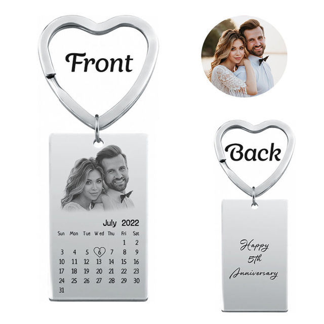 Picture of Custom Photo Keychain - Personalized stainless steel Keyring with Calendar - Gift for Anniversary