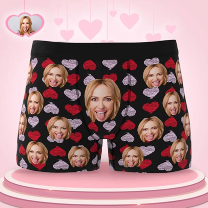 Picture of Custom Face Boxer Briefs | Red and Pink Heart Briefs | Personalized Photo Boxer Briefs