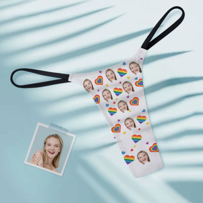 Picture of Custom Face Sexy Women's Tanga Thong Rainbow Hearts | Personalized Face Thong