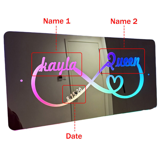 Afbeeldingen van Gepersonaliseerde namen voor koppels en datums in de spiegel - Infinity Mirror Sign - Beste Valentijnsdagcadeaus voor koppels - Cadeaus voor jongens en meisjes