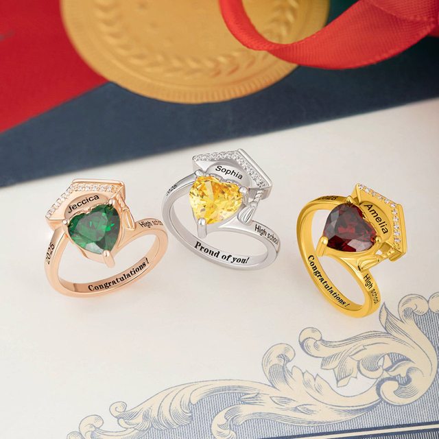 Picture of Engraved Custom Graduation Ring with Birthstone | Personalized College Ring | Graduation Gift for Her