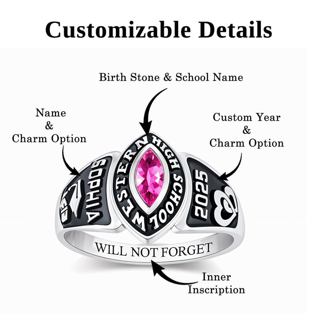 Picture of Custom Engraved Graduation Ring with Birthstone | Personalized College Ring with Name | Graduation Gift for Her