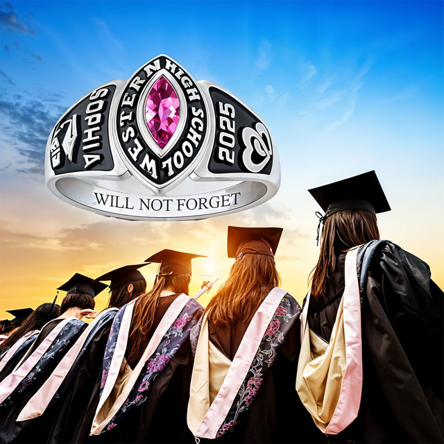 Picture of Custom Engraved Graduation Ring with Birthstone | Personalized College Ring with Name | Graduation Gift for Her