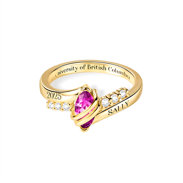 Picture of Custom Graduation Ring with Oval Birthstone | Personalized College Ring with Name | Best Graduation Gift for Her