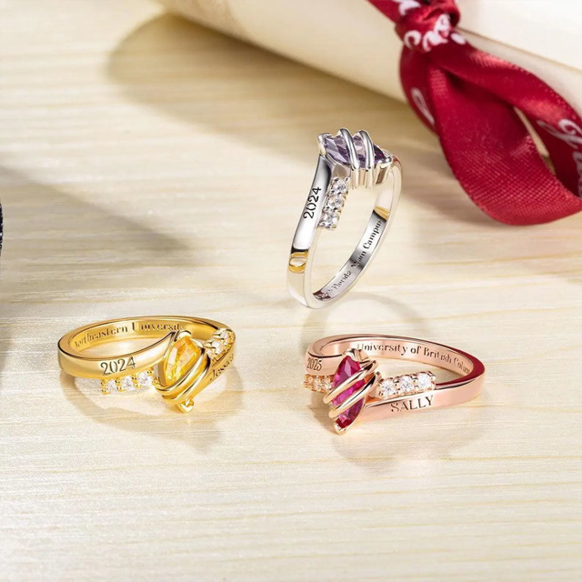 Picture of Custom Graduation Ring with Oval Birthstone | Personalized College Ring with Name | Best Graduation Gift for Her