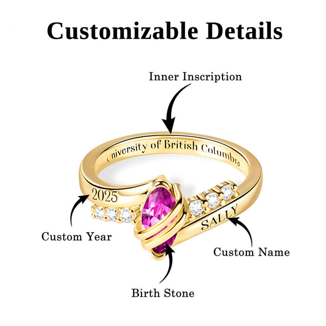 Picture of Custom Graduation Ring with Oval Birthstone | Personalized College Ring with Name | Best Graduation Gift for Her