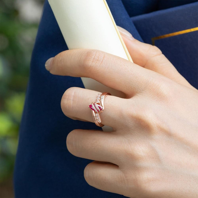 Picture of Custom Graduation Ring with Oval Birthstone | Personalized College Ring with Name | Best Graduation Gift for Her