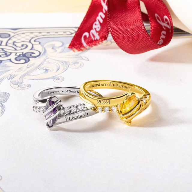 Picture of Custom Graduation Ring with Oval Birthstone | Personalized College Ring with Name | Best Graduation Gift for Her