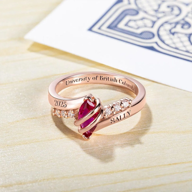 Picture of Custom Graduation Ring with Oval Birthstone | Personalized College Ring with Name | Best Graduation Gift for Her