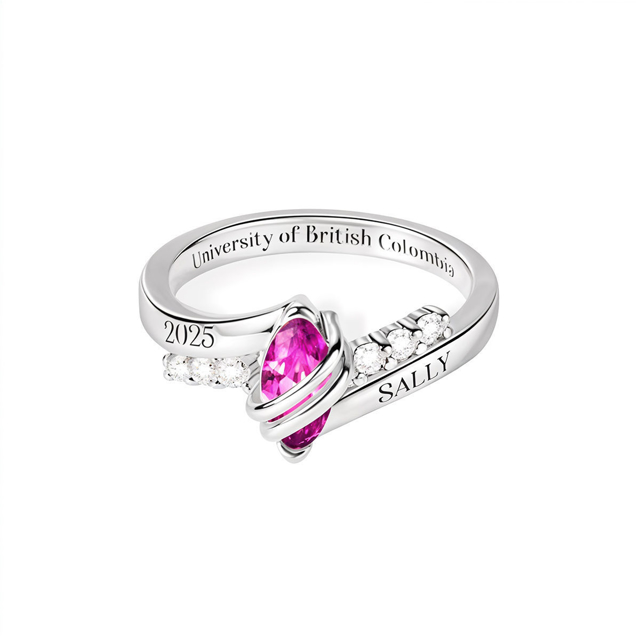 Picture of Custom Graduation Ring with Oval Birthstone | Personalized College Ring with Name | Best Graduation Gift for Her