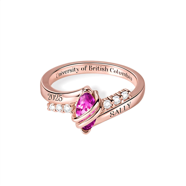 Picture of Custom Graduation Ring with Oval Birthstone | Personalized College Ring with Name | Best Graduation Gift for Her