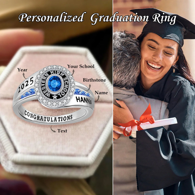 Picture of Custom Graduation Ring with Birthstone | Personalized College Ring with Name | Nice Graduation Gift for Her