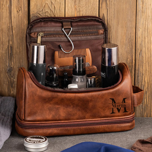 Picture of Custom Double Layer Leather Men Toiletry Bag | Personalized Groomsmen Gifts | Travel Bag for Dad