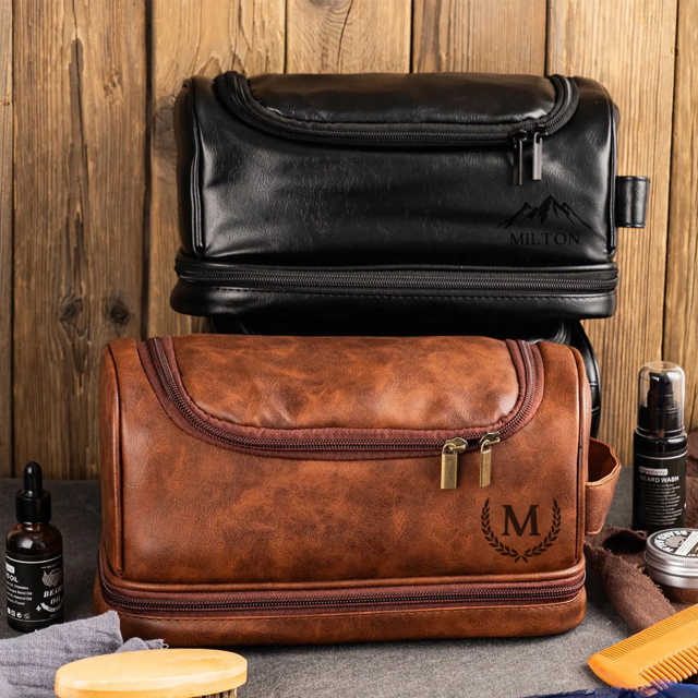 Picture of Custom Double Layer Leather Men Toiletry Bag | Personalized Groomsmen Gifts | Travel Bag for Dad