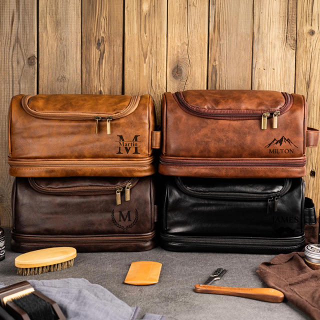 Picture of Custom Double Layer Leather Men Toiletry Bag | Personalized Groomsmen Gifts | Travel Bag for Dad