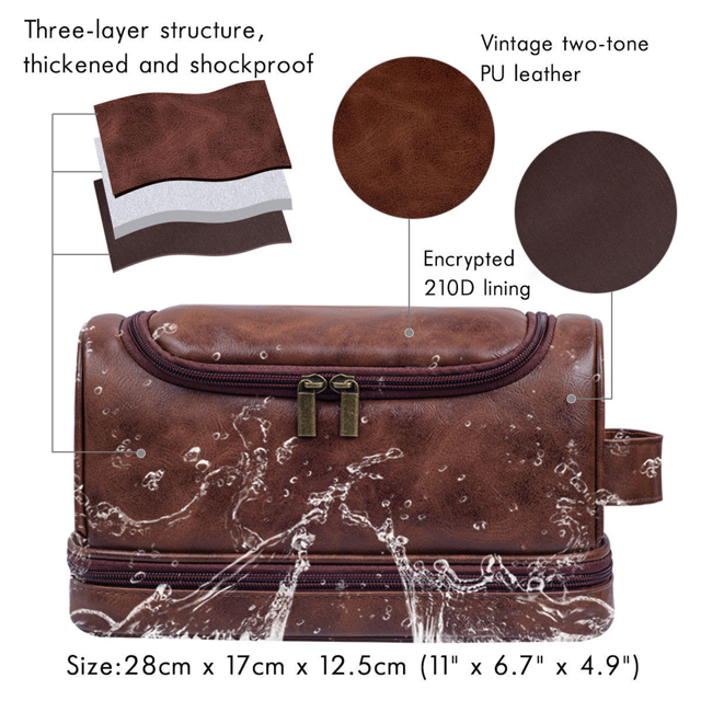 Picture of Custom Double Layer Leather Men Toiletry Bag | Personalized Groomsmen Gifts | Travel Bag for Dad