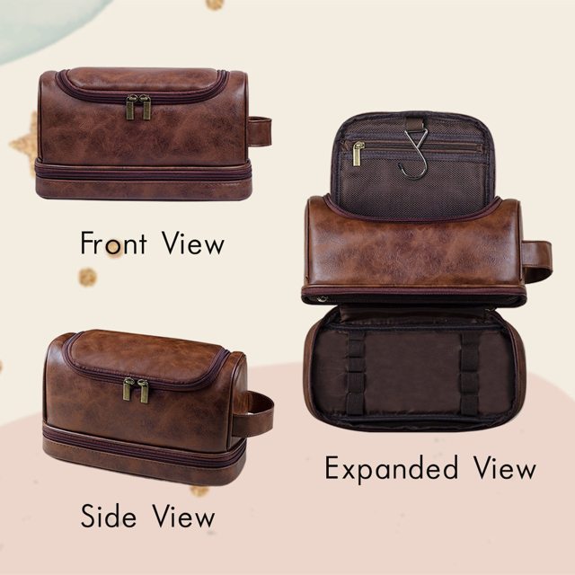 Picture of Custom Double Layer Leather Men Toiletry Bag | Personalized Groomsmen Gifts | Travel Bag for Dad