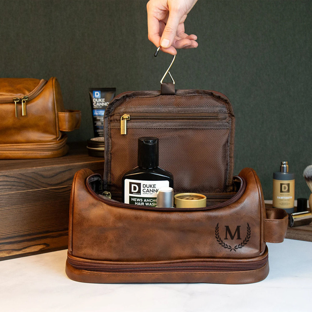 Picture of Custom Double Layer Leather Men Toiletry Bag | Personalized Groomsmen Gifts | Travel Bag for Dad