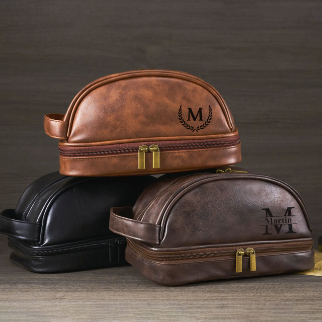 Picture of Custom Double Layer Leather Toiletry Bag for Men | Personalized Groomsmen Gifts | Gift for Father